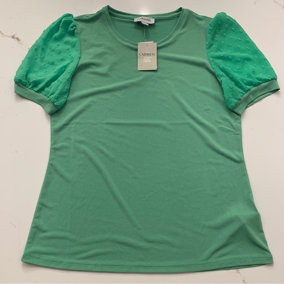 Carmen Marc Valvo Tops - NEW* Green Designer Top w/ Short Sheer Polka Dot Bell Sleeves Size Small